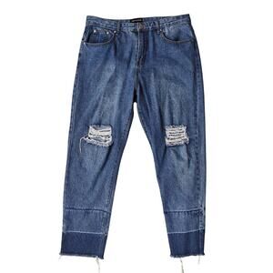 PrettyLittleThing Distressed High Waist Blue Mom Jeans Women’s Size 14